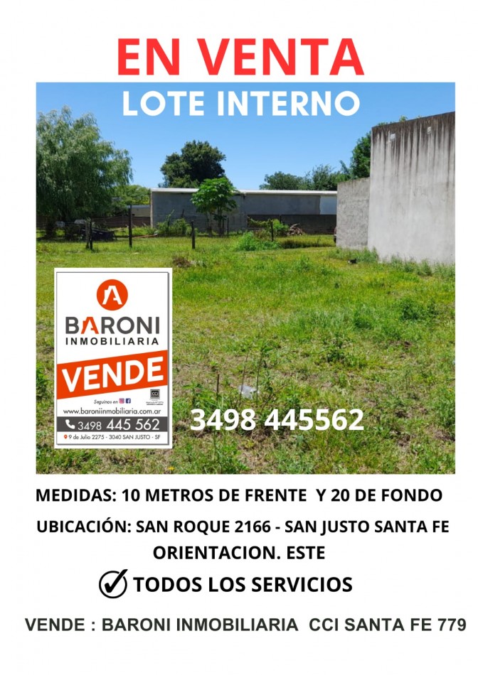 VENDO!!! TERRENO INTERNO - CALLE CAMINO SAN ROQUE 2164  CASI FCO. ANGELONI ( SAN JUSTO - SANTA FE)