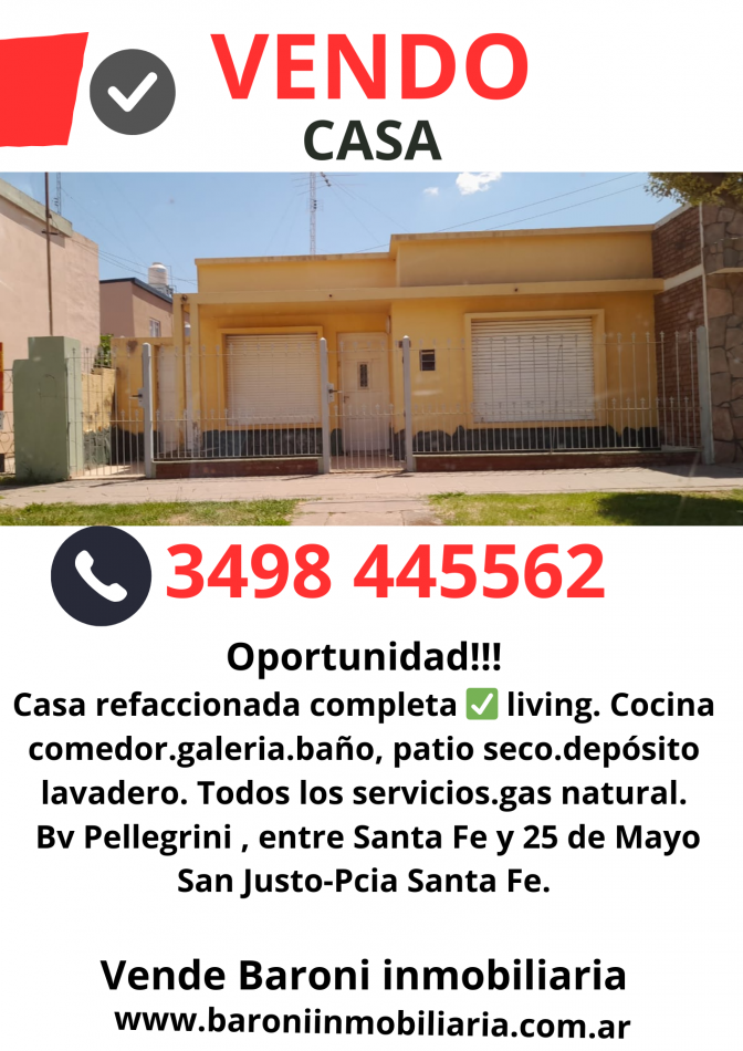 Oportunidad!!! Se vende casa en  Bv Pellegrini 2784 . San Justo-Pcia Santa Fe.