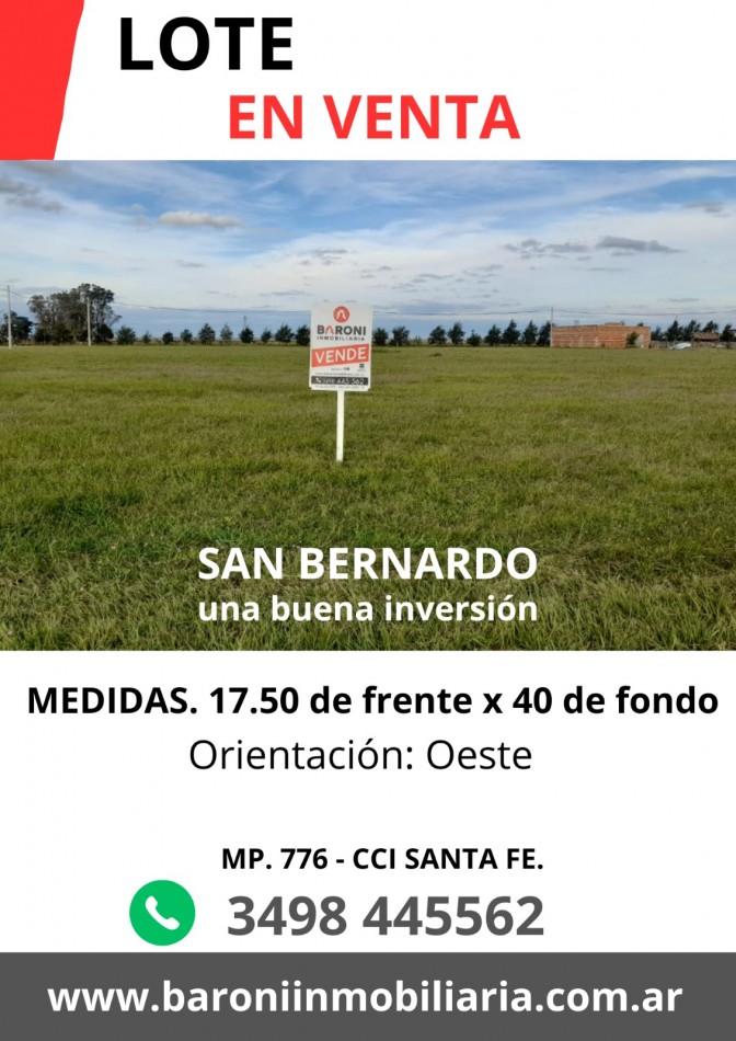 LOTE EN VENTA EN SAN BERNARDO DEPARTAMENTO SAN JUSTO.