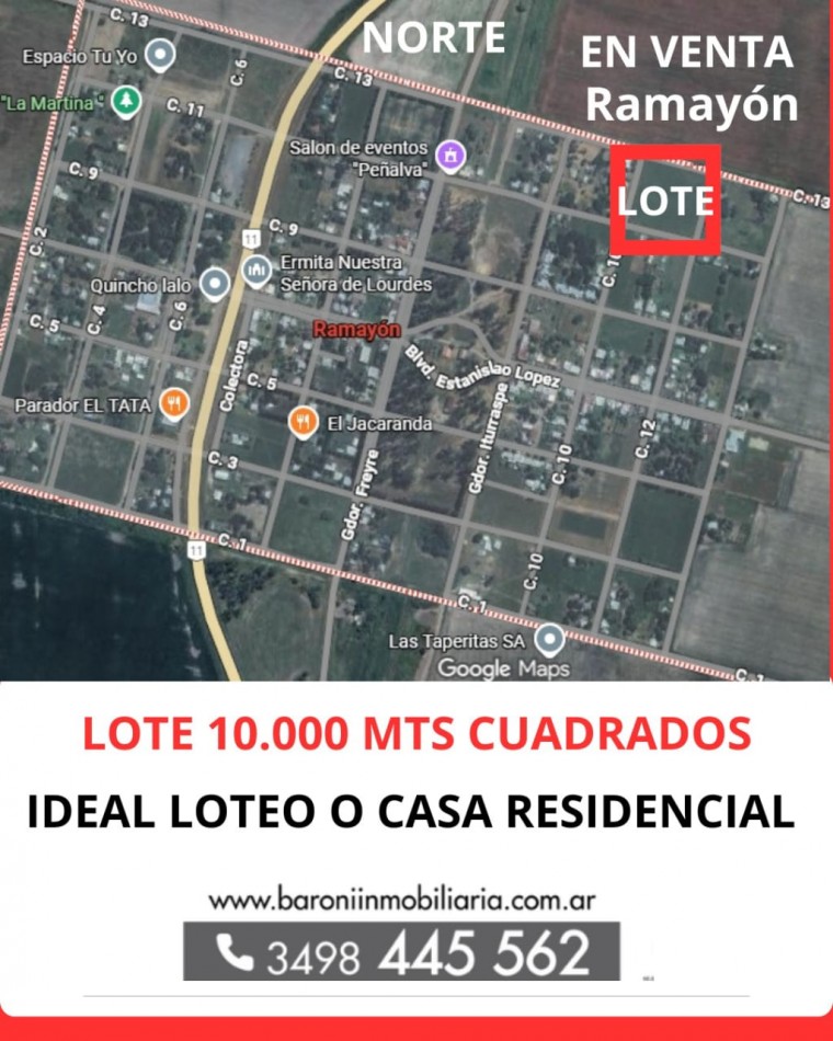 EN VENTA LOTE EN RAMAYON  PROVINCIA DE SANTA FE - 10.000 MTS CUADRADOS ( 1 MANZANA )