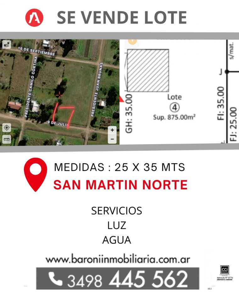 SE VENDE LOTE EN SAN MARTIN NORTE