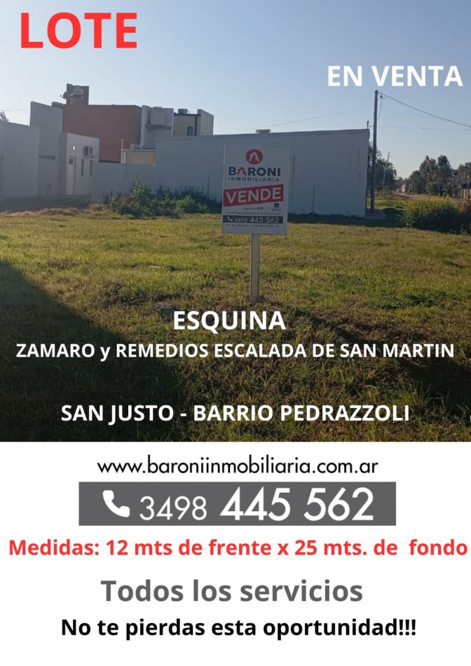 LOTE EN VENTA  - ESQUINA ZAMARO Y REMEDIOS ESCALADA DE SAN MARTIN