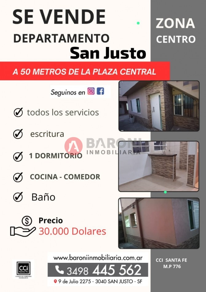 SE VENDE DEPARTAMENTO ZONA CENTRO EN SAN JUSTO ( SANTA FE ).