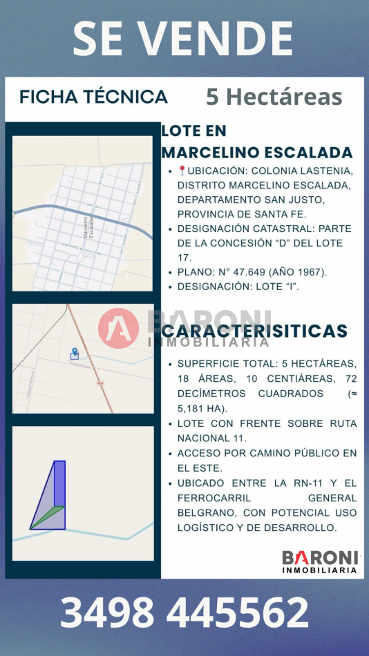 EN VENTA - 5 HECTAREAS EN MARCELINO ESCALADA  -DEPARTAMENTO SAN JUSTO.
