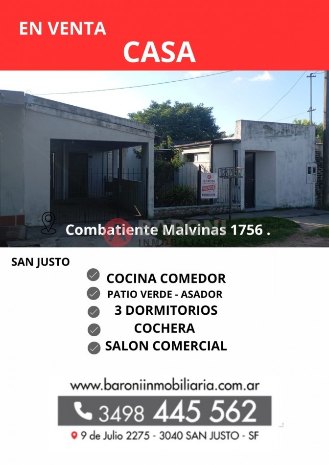 SE VENDE CASA EN SAN JUSTO PROVINCIA DE SANTA FE  - COMBATIENTE MALVINAS 1756.