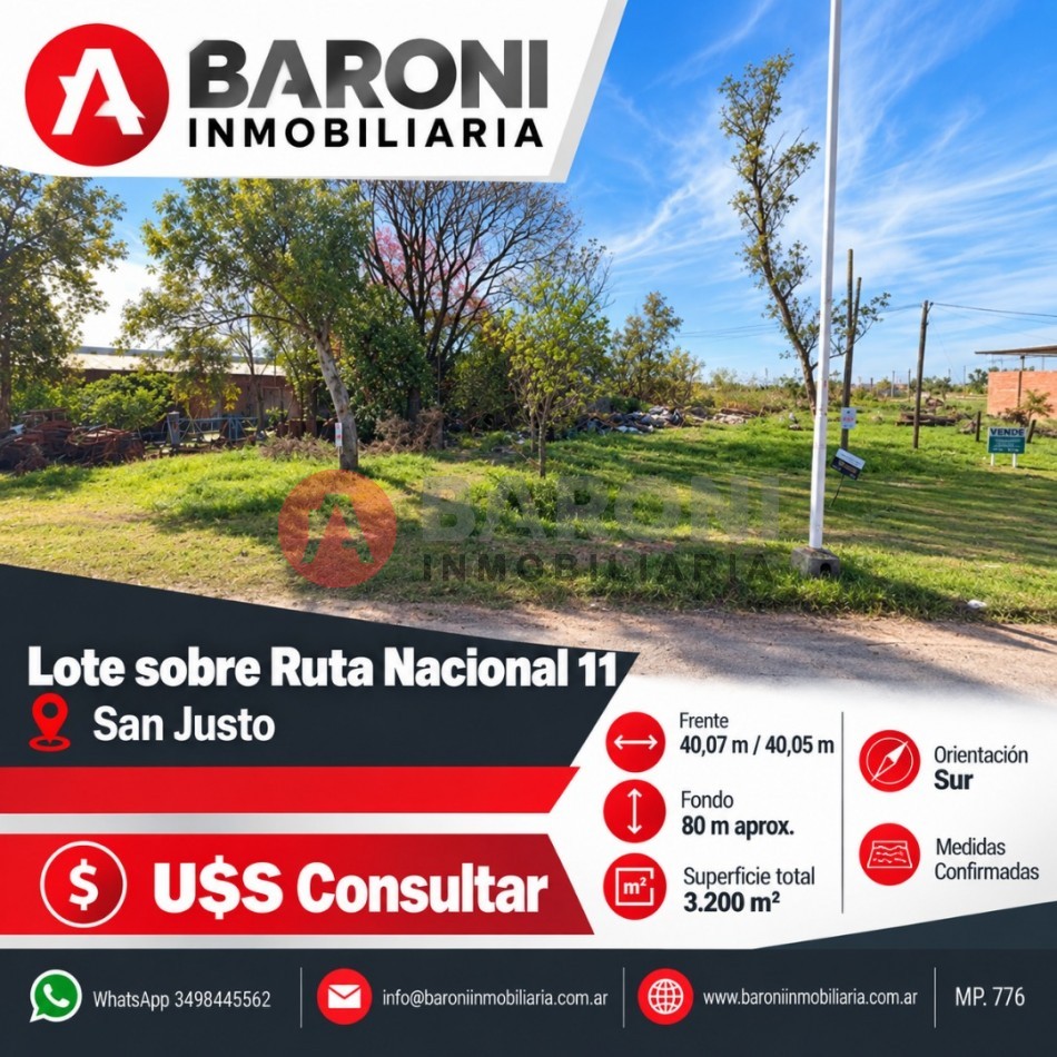 EN VENTA — TERRENO COMERCIAL / INDUSTRIAL — SAN JUSTO, SANTA FERuta Nacional N.11 — alto flujo vehicular y peatonal
