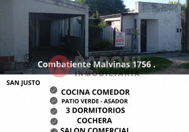 SE VENDE CASA EN SAN JUSTO PROVINCIA DE SANTA FE - COMBATIENTE MALVINAS 1756.